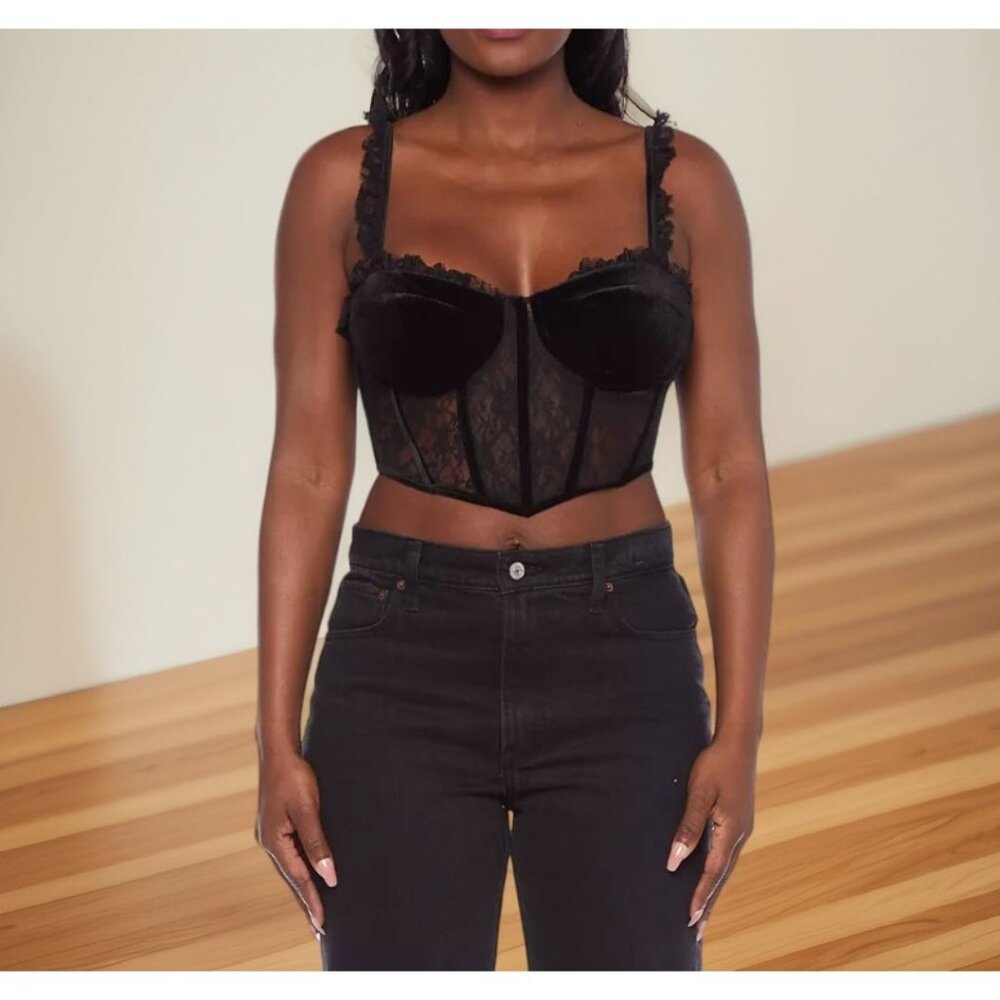 Alex & Sophia Juniors Velvet Trim Lace Crop Corset Top Blouse Black Size 6 NWT